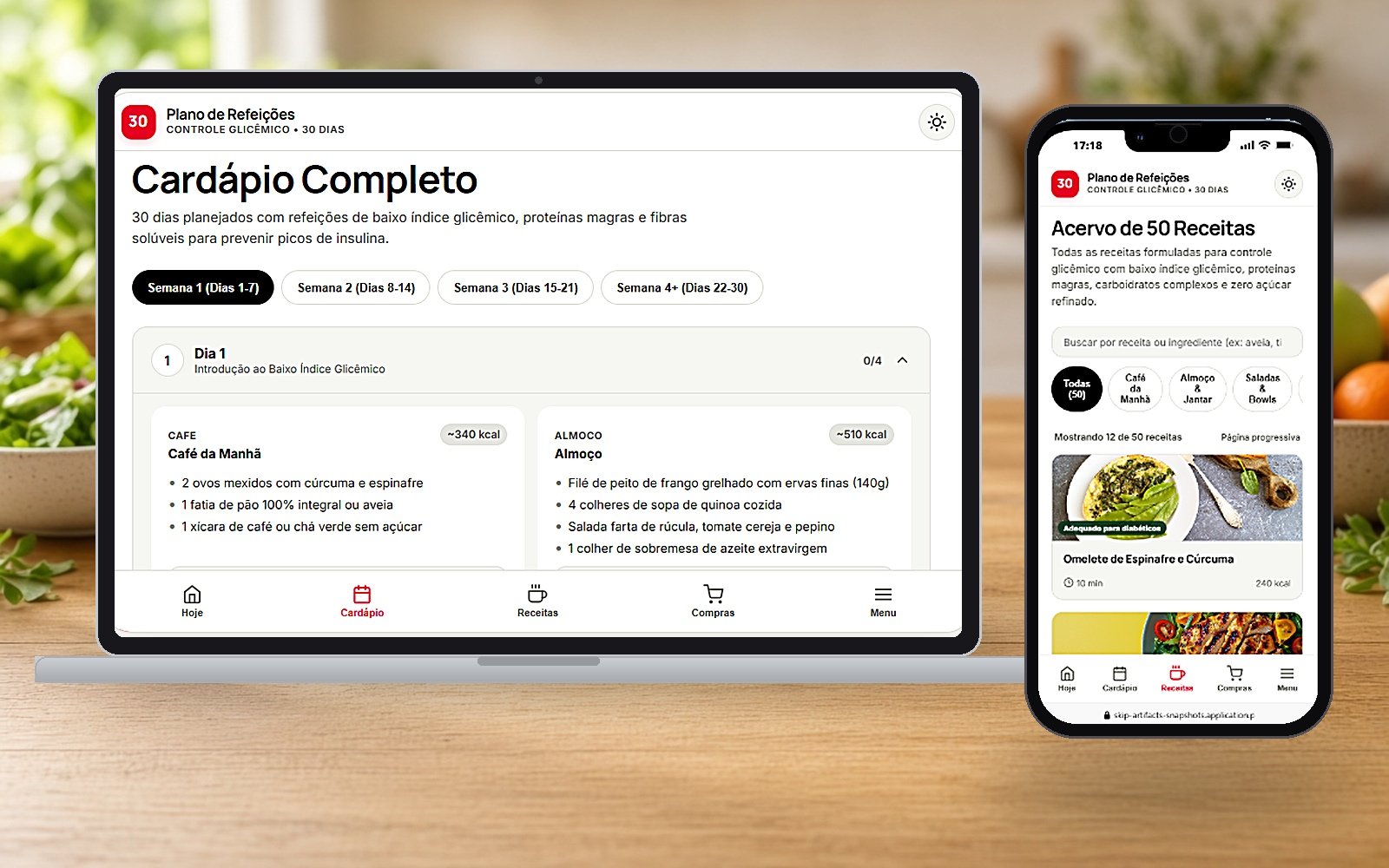 Plano de Refeições no notebook e celular — cardápio completo e acervo de receitas